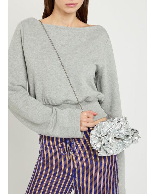 Dries Van Noten Gray Ruffled Crinkled Metallic Leather Clutch
