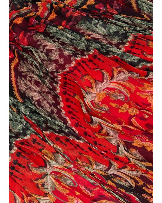 Alice + Olivia Red Bennett Floral-Print Pleated Chiffon Maxi Dress