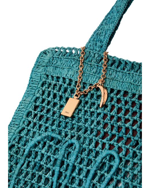 Chloé Blue Summer Banana Logo Raffia Tote