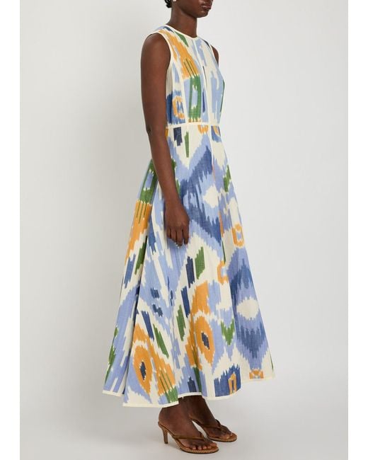 Emporio Sirenuse Blue Clodette Printed Cotton And Linen-Blend Midi Dress