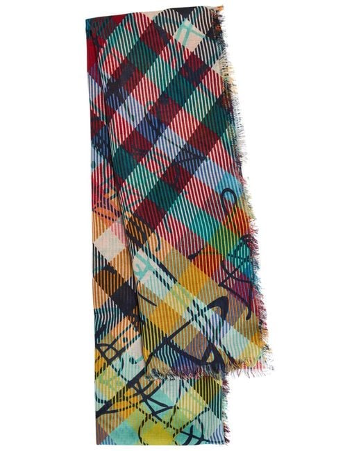 Vivienne Westwood Red Tartan Logo-Monogrammed Wool Scarf