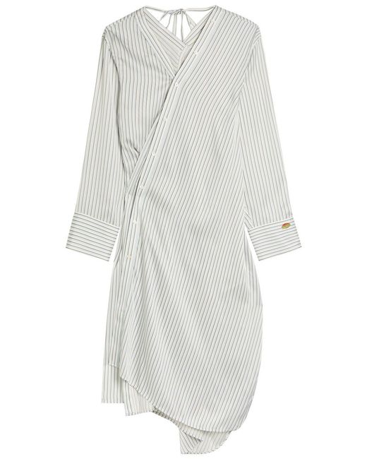 Acne White Striped Satin Midi Shirt Dress