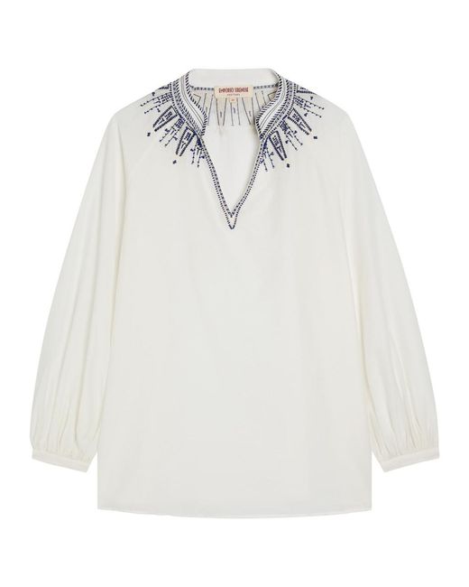 Emporio Sirenuse White Illizia Embroidered Cotton-Blend Blouse