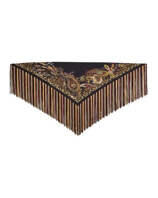 Etro Brown Printed Fringed Silk Scarf