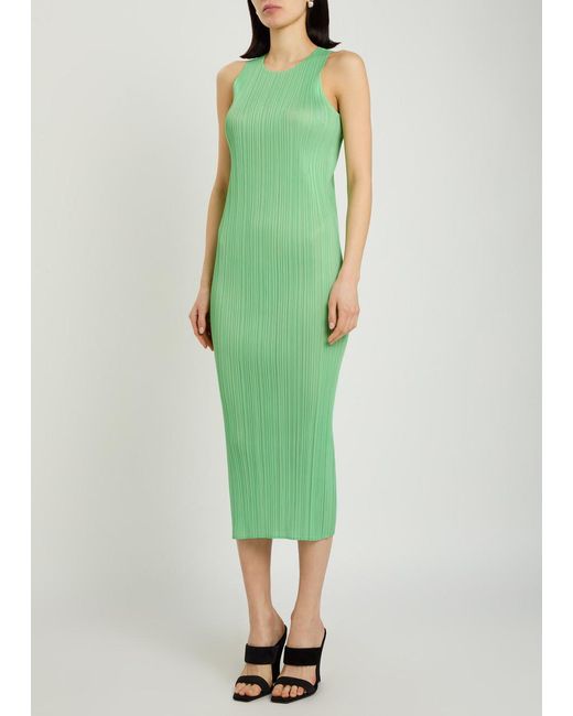 Issey Miyake Green Pleated Woven Midi Dress