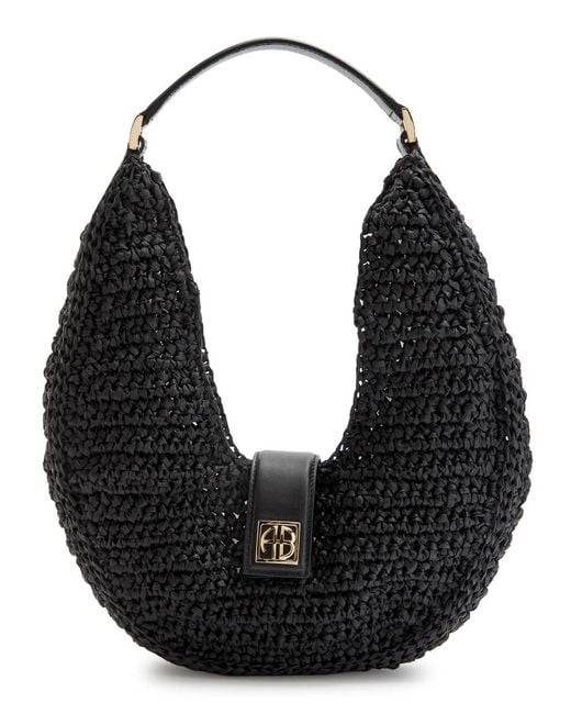 Anine Bing Black Lou Raffia Crescent Shoulder Bag