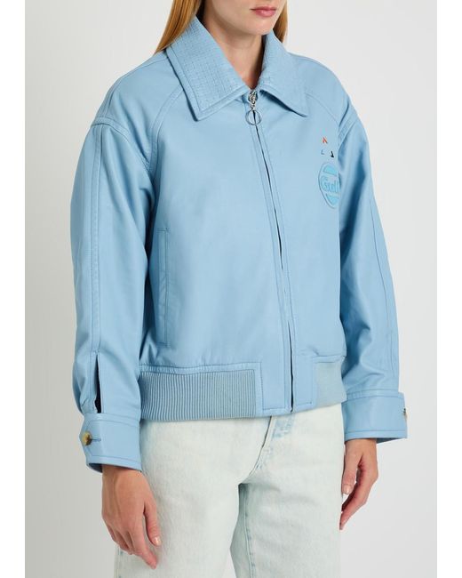 AN-Y1 Blue Cargo Bomber Logo-Embossed Leather Bomber Jacket