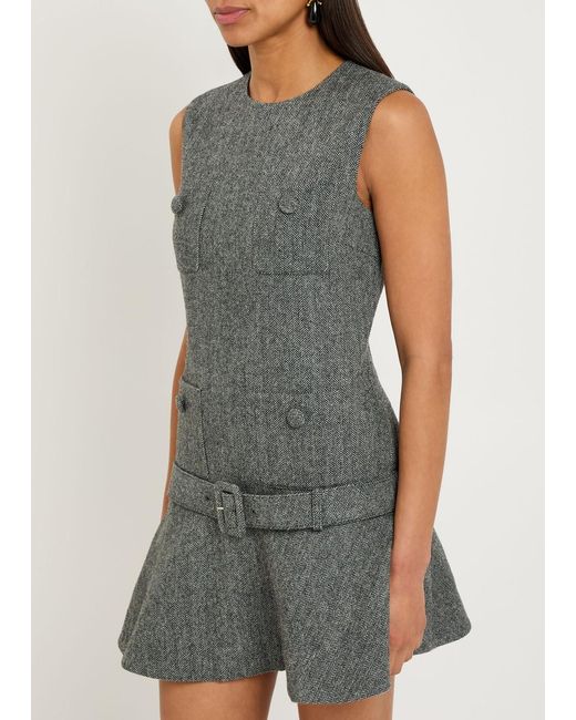Self-Portrait Gray Herringbone Belted Wool-Blend Mini Dress
