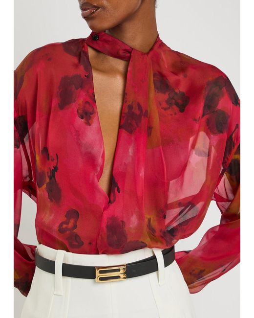 Victoria Beckham Red Draped Floral Silk-Chiffon Blouse