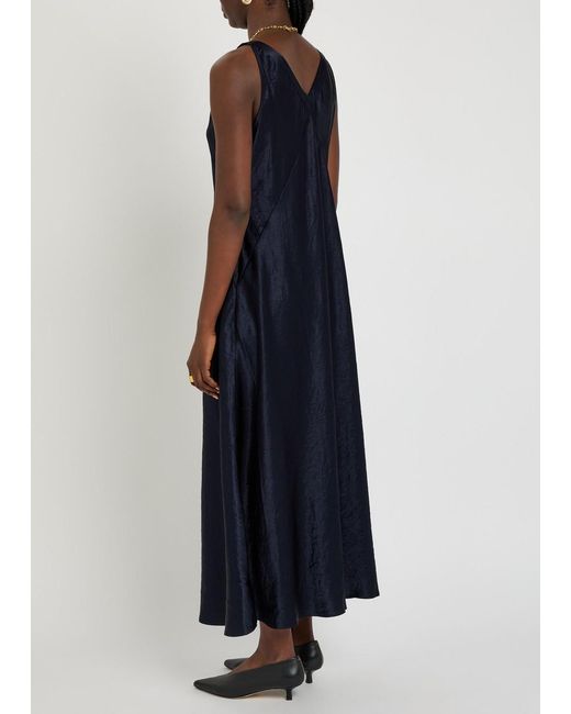 Eileen Fisher Blue Crinkled Satin Midi Dress
