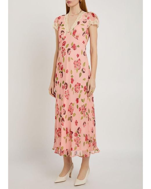 Rixo Pink Clarice Floral-Print Georgette Midi Dress