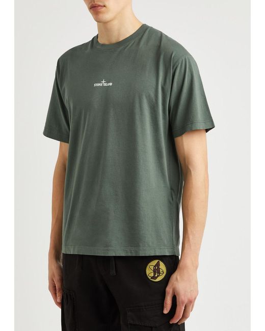 Stone Island Green Logo-Print Cotton T-Shirt for men