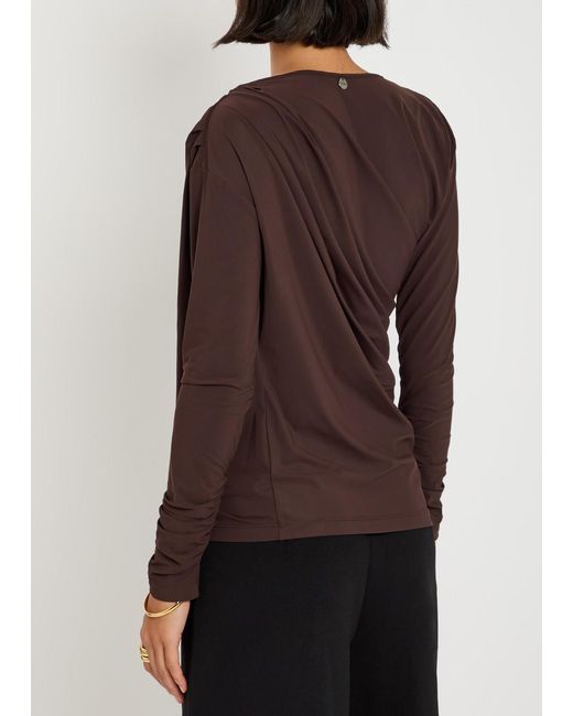 High Brown Aslant Draped Stretch-Jersey Top