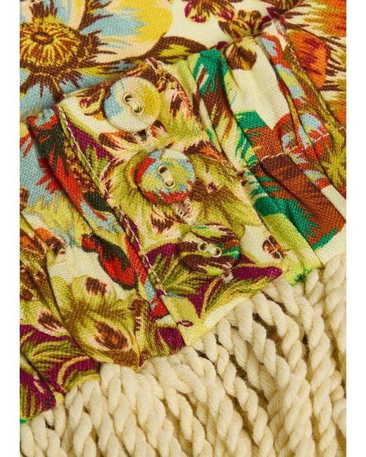 ALÉMAIS Metallic Lana Floral-Print Fringed Linen Crop Top