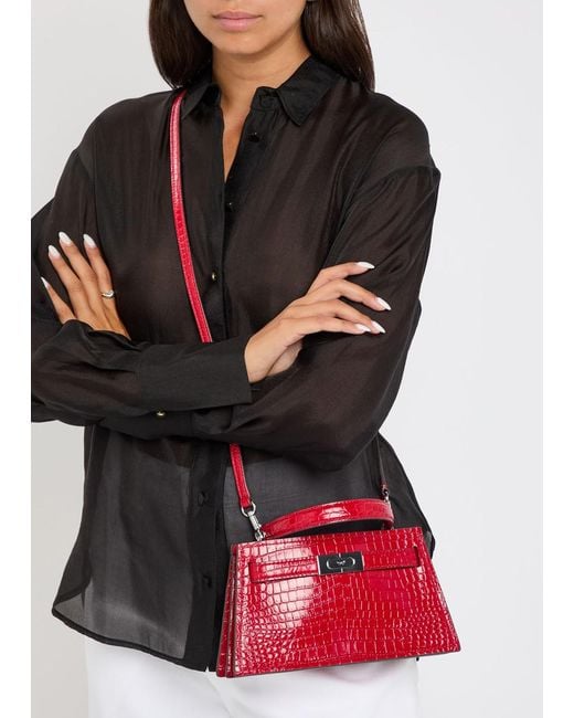 Tory Burch Red Lee Radziwill Mini Crocodile-Effect Leather Top Handle Bag