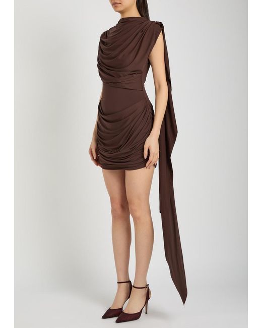 De La Vali Brown Elara Draped Stretch-Jersey Mini Dress
