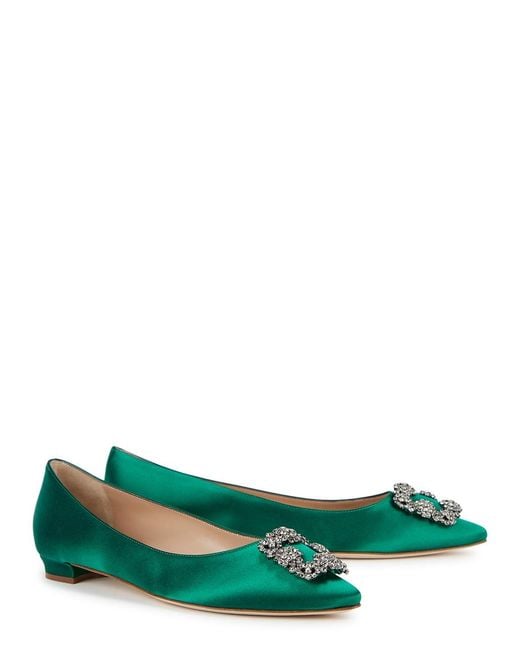 Manolo Blahnik Green Hangisi 10 Silk-Satin Flats