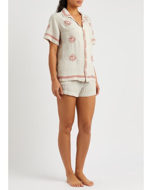 Desmond & Dempsey White Helios Embroidered Linen Pyjama Set