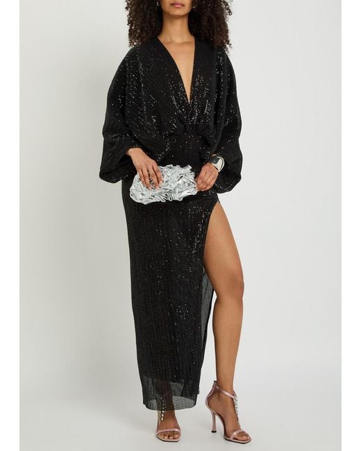 L'idée Black Paradiso Sequin-Embellished Stretch-Mesh Gown