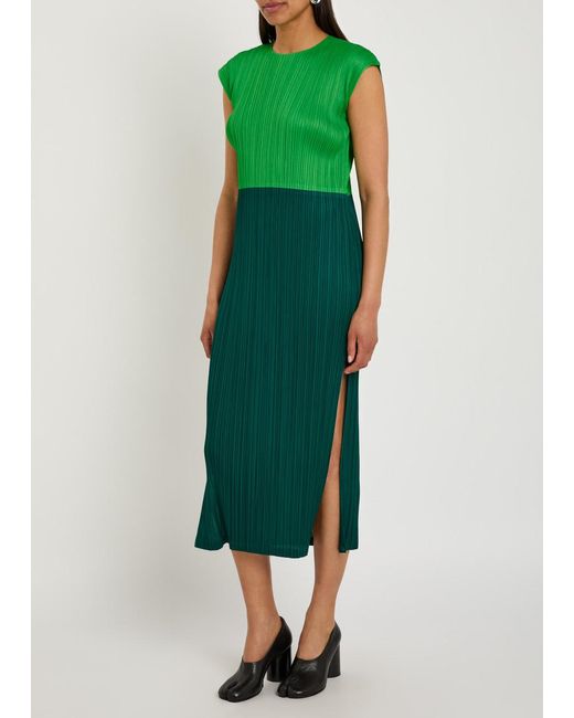 Pleats Please Issey Miyake Green Pleated Woven Midi Dress