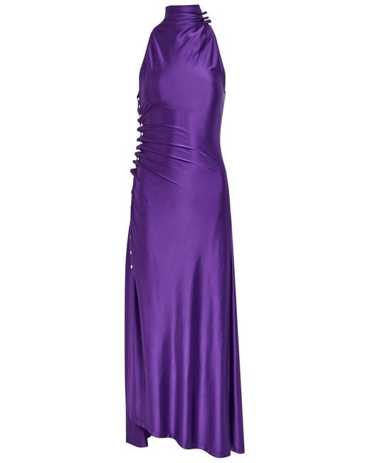 Rabanne Purple Ruched Asymmetric Stretch-Jersey Maxi Dress