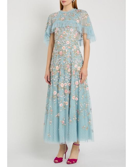 Needle & Thread Blue Eden Rose Embroidered Cape-Effect Tulle Gown