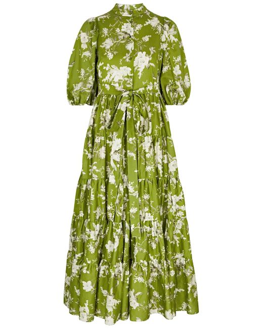 Erdem Green Dalia Floral-print Cotton Midi Dress