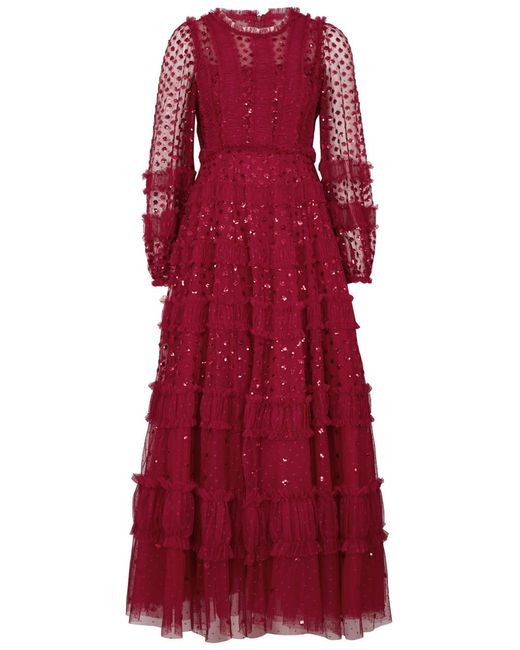 Needle & Thread Red Candice Ruffled Tulle Gown