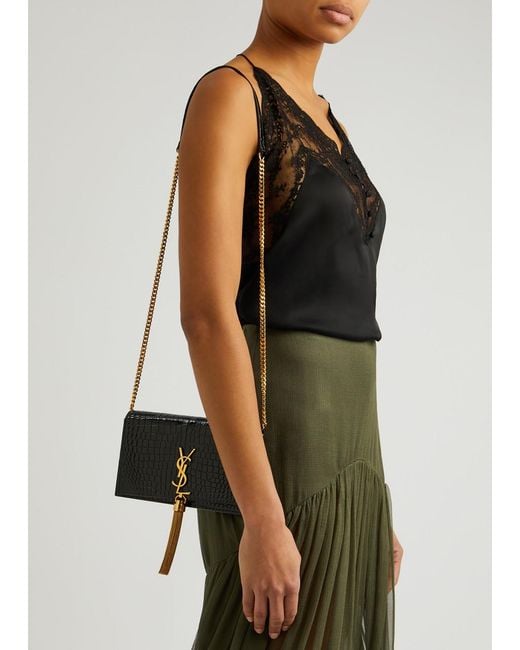 Saint Laurent Black Kate Crocodile-effect Leather Wallet-on-chain