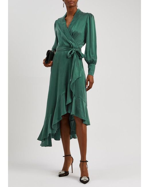 Zimmermann Green Ruffled Silk-satin Midi Wrap Dress