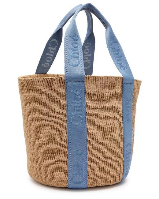 Chloé Blue Woody Logo-Embroidered Raffia Basket Bag