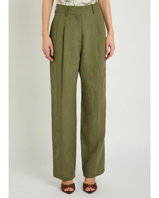 Blazé Milano Green Fox Pleated Straight-Leg Linen Trousers