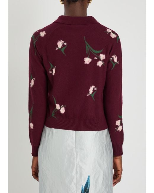 Erdem Purple Floral-Intarsia Merino Wool Polo Jumper