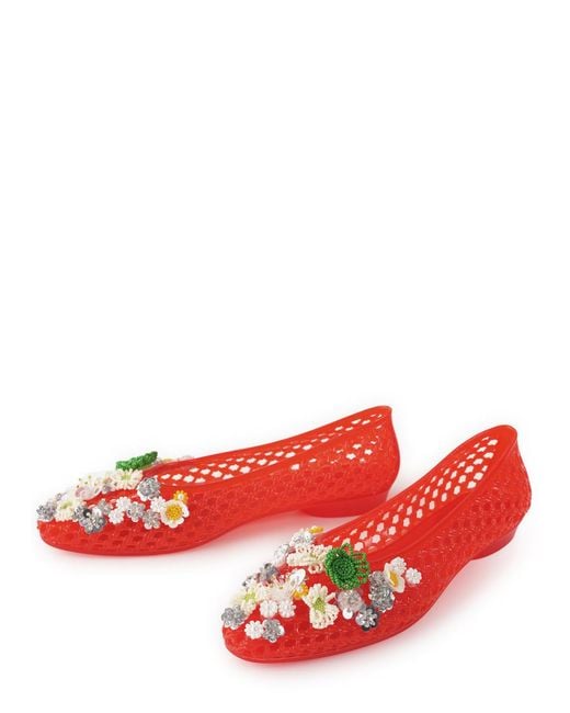 HEAVENLY JELLY Red Flower-Embellished Jelly Ballet Flats