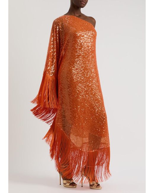 ‎Taller Marmo Orange Spritz Disco Fringe-Trimmed Sequin Gown