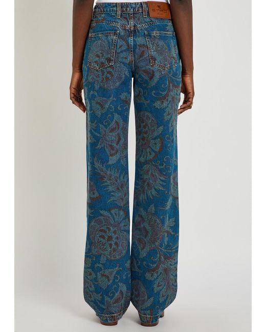 Etro Blue Floral-Print Straight-Leg Denim Jeans