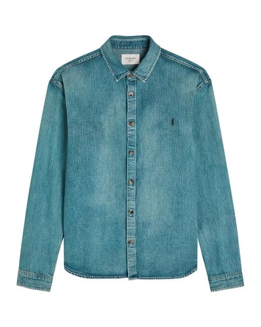 Saint Laurent Blue Logo-Embroidered Faded Denim Shirt for men