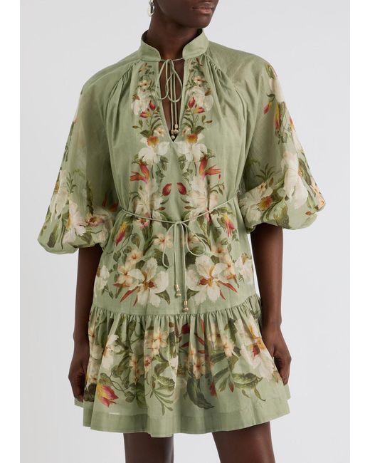 Zimmermann Green Lexi Billow Floral-Print Cotton Mini Dress