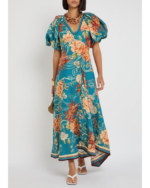 ALÉMAIS Blue Fletcher Floral-Printed Flax Maxi Dress
