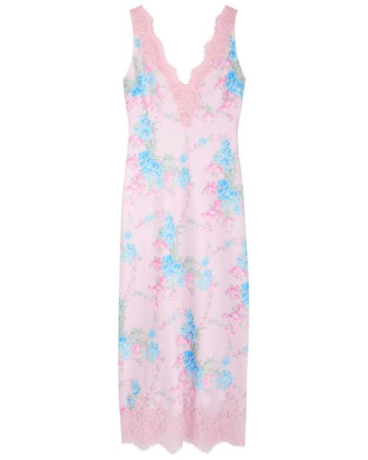 LoveShackFancy White Floral Printed Satin Maxi Dress