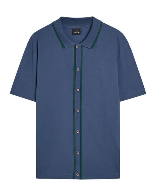 Paul Smith Blue Striped-Trim Piqué Stretch-Cotton Shirt for men