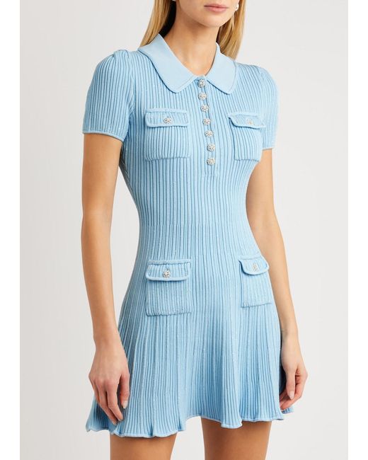 Self-Portrait Blue Ribbed Stretch-knit Mini Dress