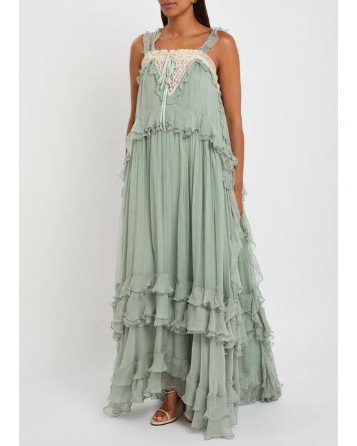 Chloé Green Ruffled Silk-Georgette Maxi Dress