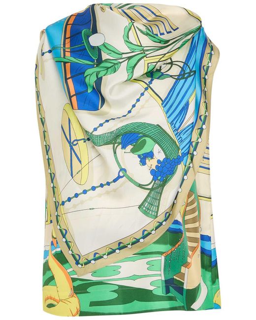 Tory Burch Blue Printed Scarf-Effect Silk Top