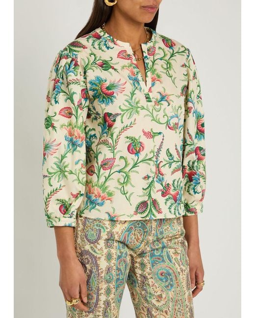 Etro Green Floral-Print Cotton-Poplin Top