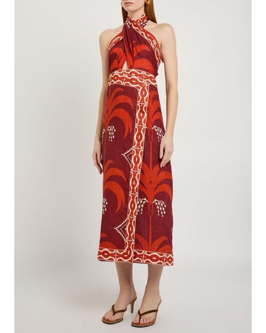Johanna Ortiz Red Buen Viento Halterneck Linen Midi Dress