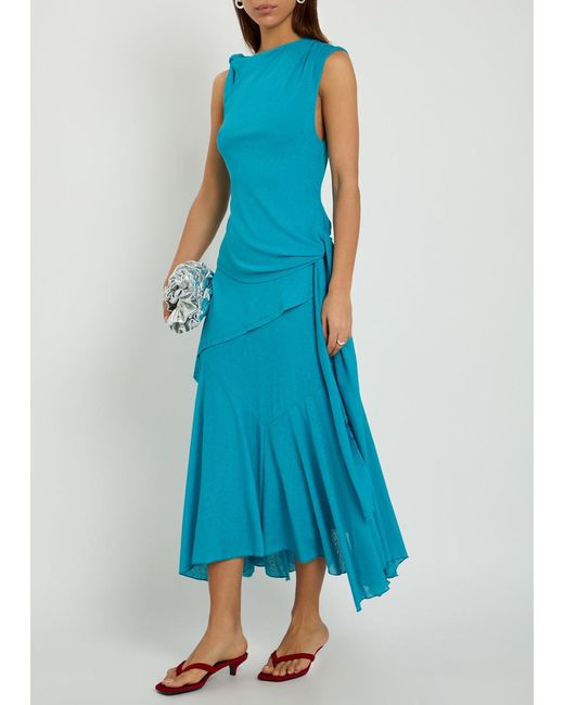 Ganni Blue Draped Asymmetric Mesh Midi Dress
