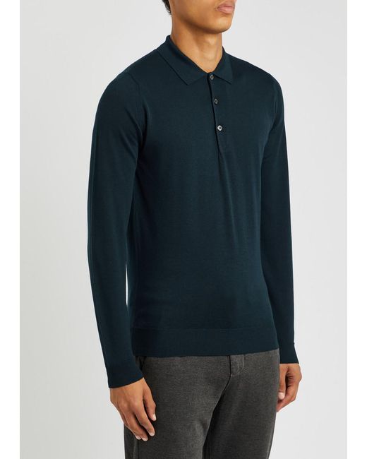 John Smedley Blue Belper Wool Polo Shirt for men