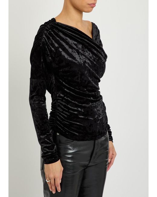 Ganni Black Ruched Asymmetric Velour Blouse