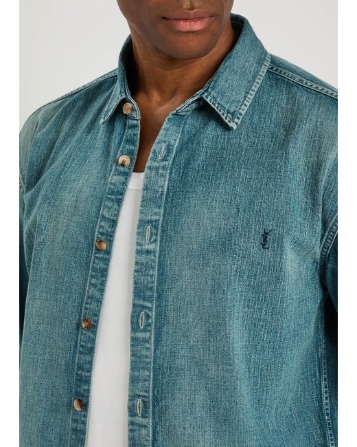 Saint Laurent Blue Logo-Embroidered Faded Denim Shirt for men